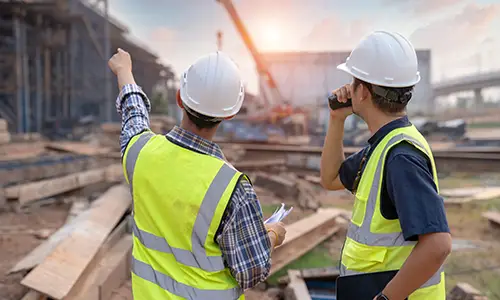 2 Bauarbeiter zeigen auf eine Baustelle